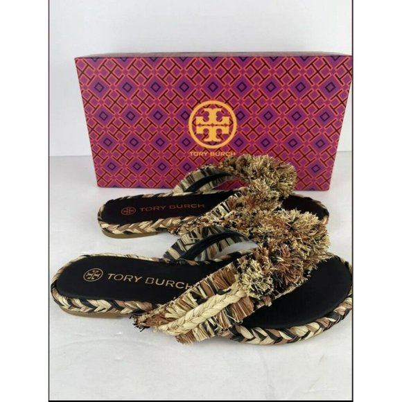 Tory Burch Raffia Flat Sandal Black/Aged Camello/Natural) Size 5 MSRP $228 - Picture 4 of 6
